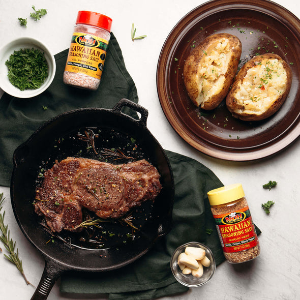 Cast Iron Steak Seasoned with Garlic Herb Hawaiian Sea Salt