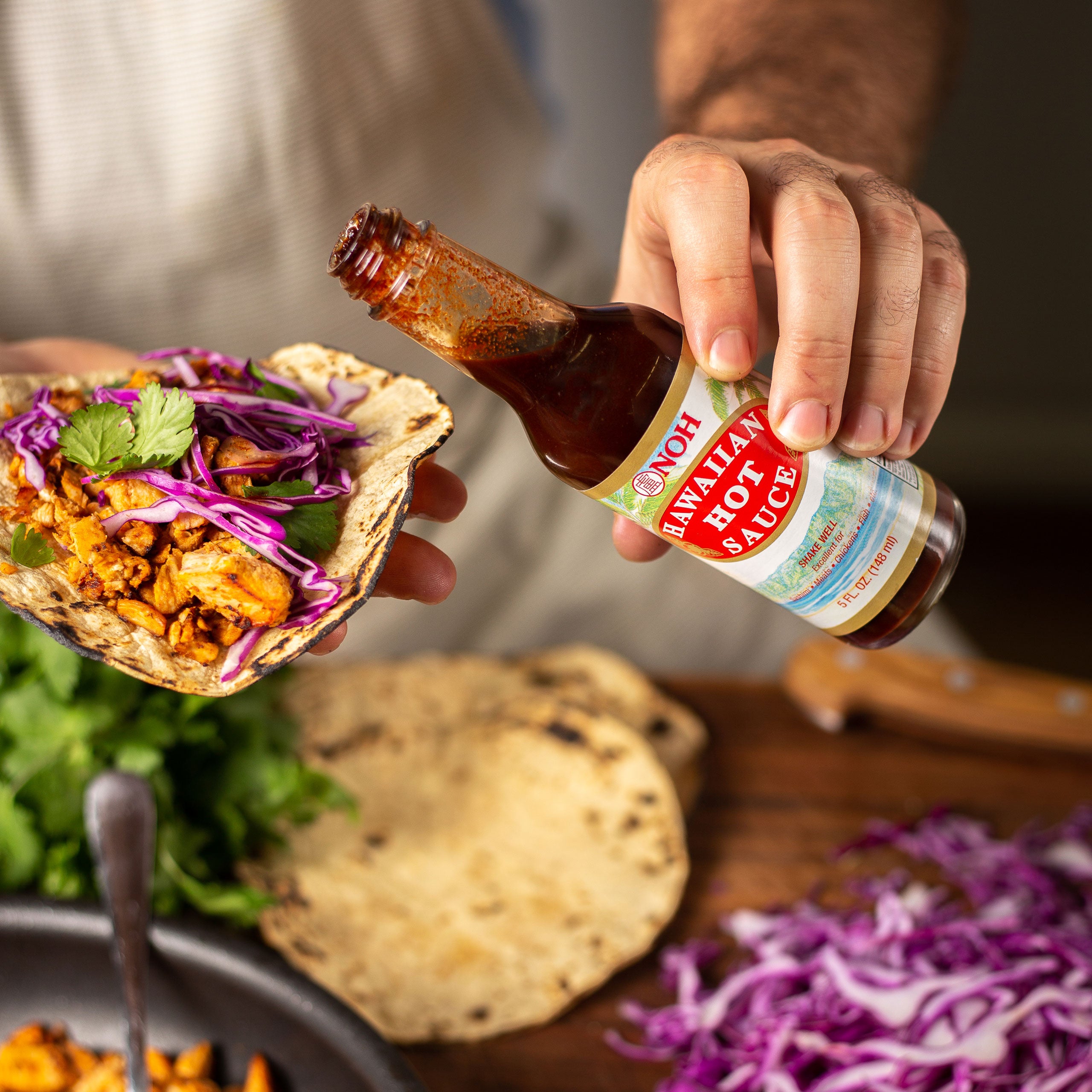 Hawaiian hot sauce on street tacos